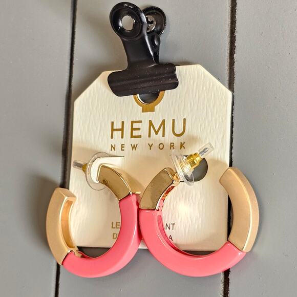 Hoop Earrings Pink, Gold Tone Chunky Acrylic 1.19" HEMU New York w/ Gift Bag - Picture 2 of 8